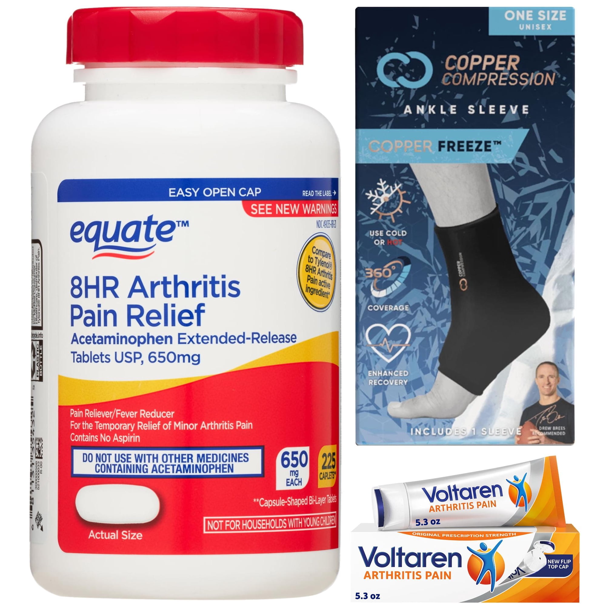 Arthritis Pain Relief Bundle with Equate Acetaminophen, Voltaren Gel & CopperFreeze Ankle Sleeve