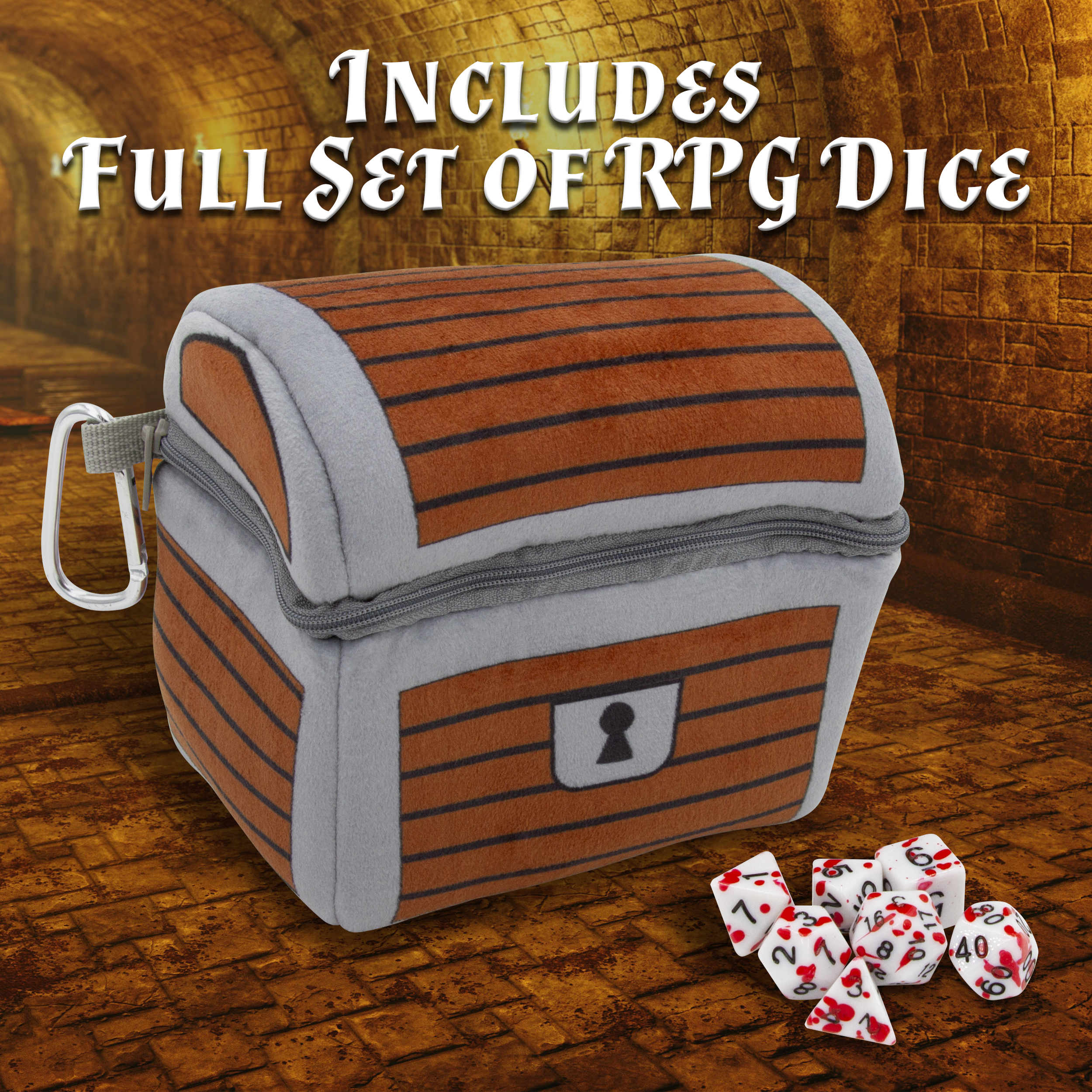 CASEMATIX Mimic Dice Chest with 7 RPG Dice - Plush DnD Mimic Chest Dice Holder
