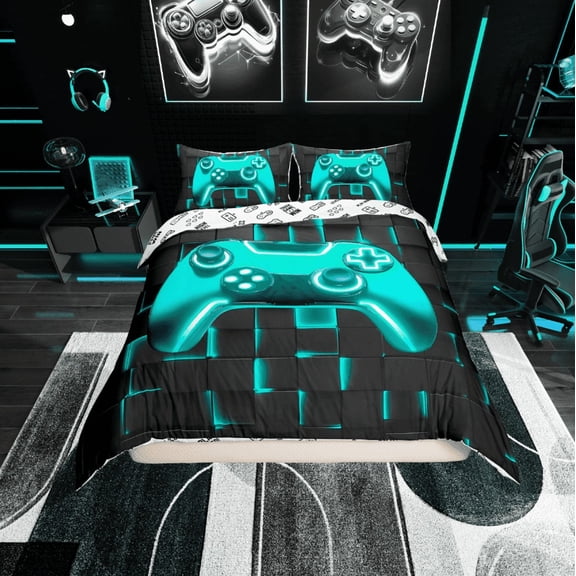 Erosebridal Gradient Gamepad Duvet Cover Twin, Neon Cyan Futuristic Cubes Bedding Sets Twin Size, Game Room Decoration, Reversible 2 Pieces (No Comforter)