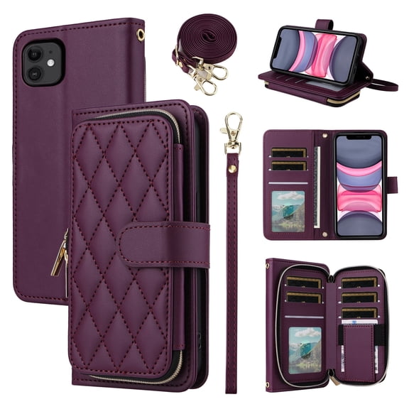 Furiet Argyle Wallet Case for iPhone 11 6.1 with Wrist Strap Shoulder Strap Card Slots Zipper Purse Luxury PU Leather Stand Cell Phone Cover for iphone11case iPhone11 i Phone11 11s XI 11R Deep Purple
