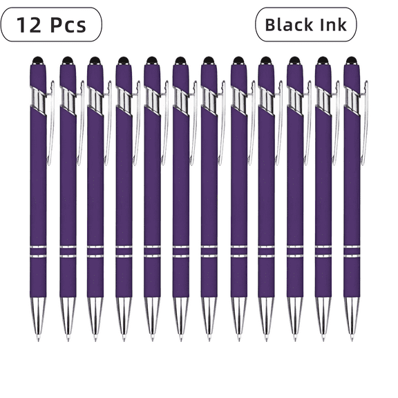 12-Piece Purple Metal Retractable Ballpoint Pen Set with Stylus Tip, 1.0mm, 2-in-1 Black Ink Thank You Gift for Friends, Family, Office