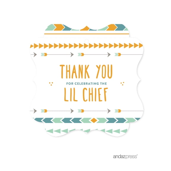 Boho Chic Tribal Baby Shower Fancy Frame Gift Tag, Thank You for Celebrating the Lil Chief, 24-Pack