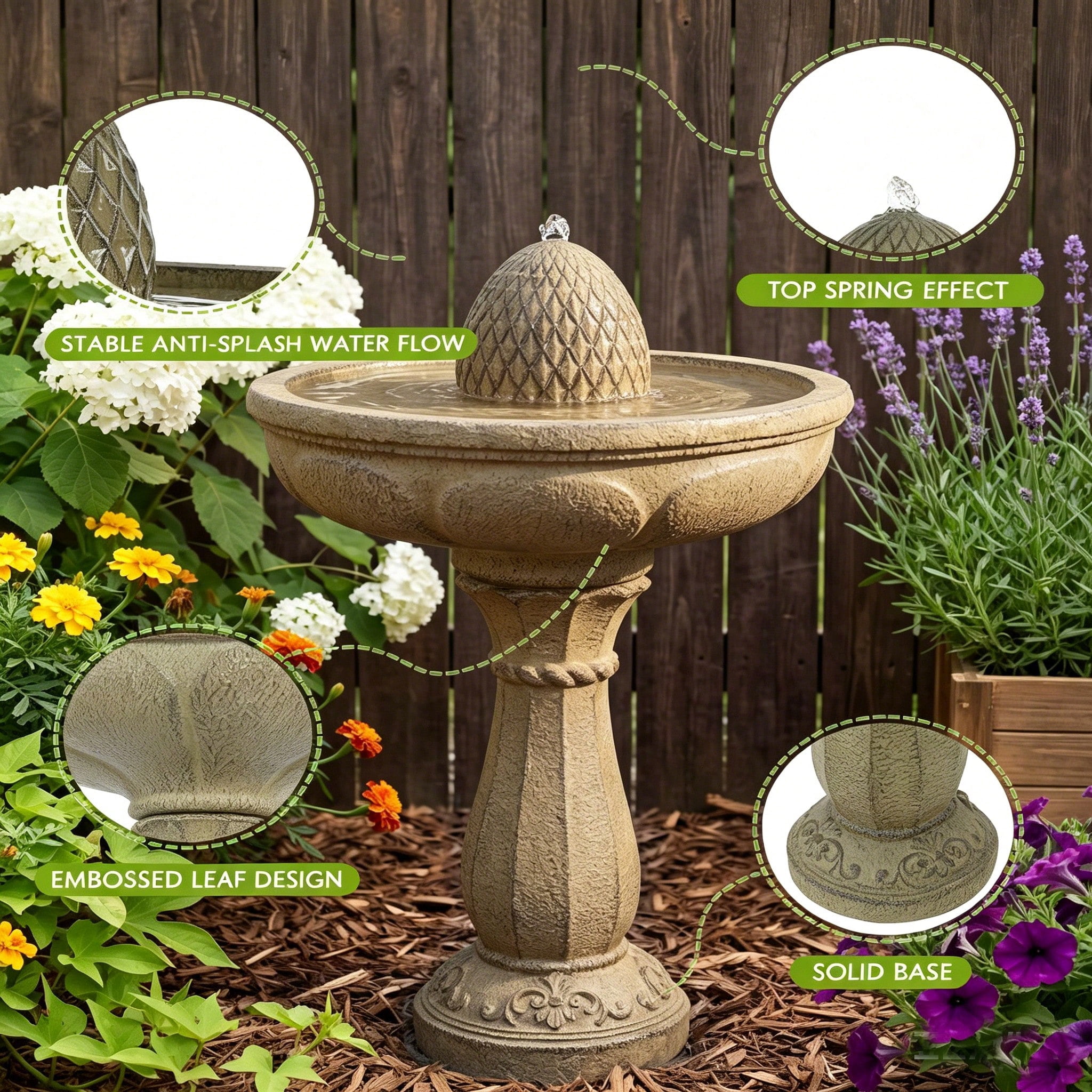 33.3 Inch Classic Pineapple Top Pedestal Water Fountain, 2 Tier Resin Waterfall Feature, Auto Shutoff Protection, Stable Anti-Splash Water Flow for Yard Lawn Patio Garden Decor
