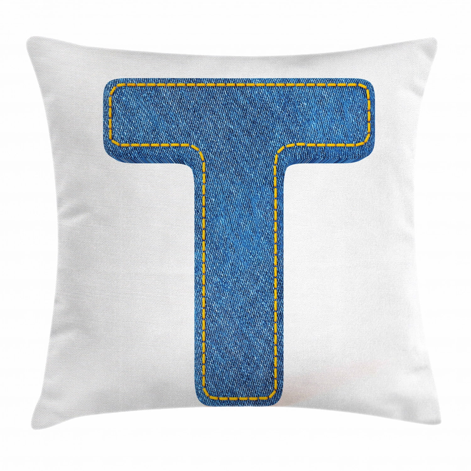 Letter T Throw Pillow Cushion Cover, Alphabet Design with Denim Texture