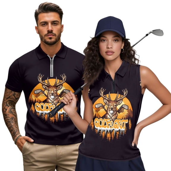 Aplkyhs Golf Deer Matching Couple Tennis Shirts Quarter Zip Matching Golf Shirts for Couple Machine Washable Mens Hawaiian Shirt for Golf,Tennis,Hiking,Running,Gym