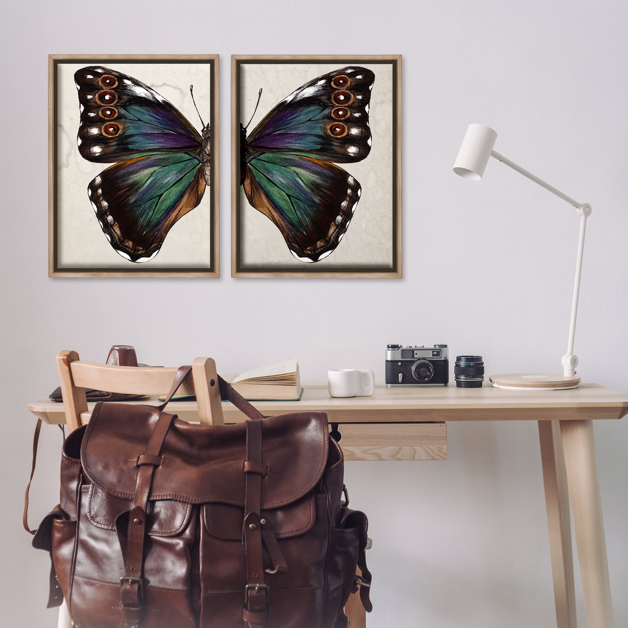 Stupell Industries Colorful Purple Green Butterfly Animals Painting Brown Floater Framed Canvas Art Print Wall Art, 21 x 31, Set of 2