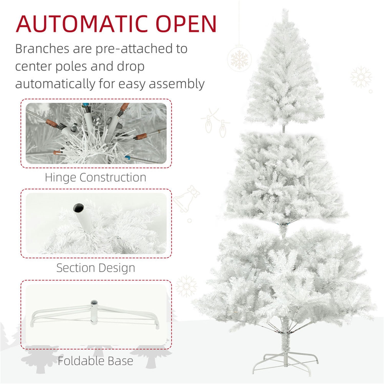 Hommoo Decorations,6ft Tall Artificial Christmas Tree, Unlit Xmas Tree with 1000 Branch Tips, Auto Open, Steel Base, Holiday Décor for Home Office,White
