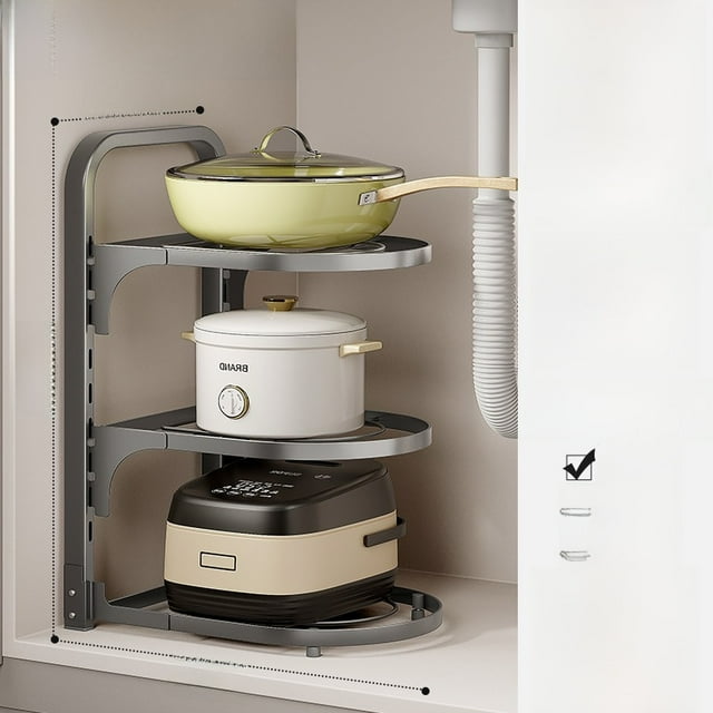 3-Tier Round Carbon Steel Kitchen Storage Rack: Waterproof, Space-Saving Organizer for Pots, Utensils & Kitchenware - Heavy-Duty, Upgraded Thickened Design for Under-Sink or Countertop Use, Easy