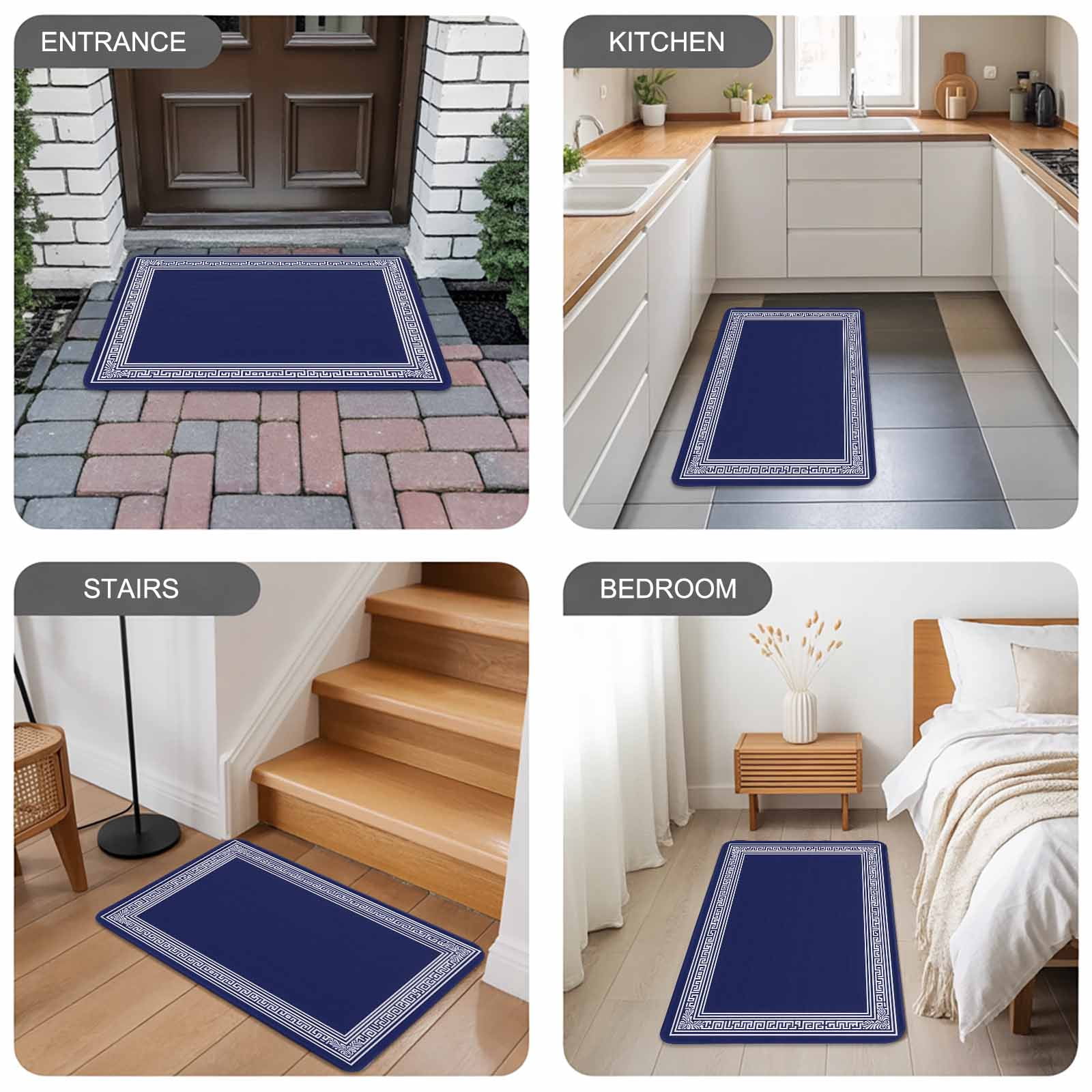 Navy Blue Geometric Doormat Outdoor Entrance 20"x31.5", White Greek Key Farmhouse Absorb Moisture Dirt Door Mats, Non-Slip Rubber Backing Floor Mats Indoor, Low-Profile Front Door Rugs