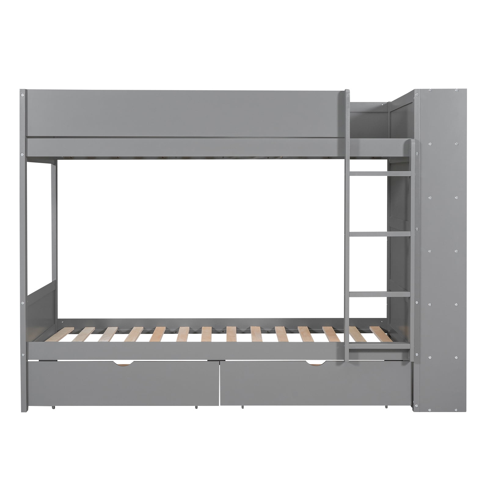 Euroco Pine Wood Twin over Twin Bunk Bed, Storage Bed with Cabinets and Shelves for Kids Teens, Sapce-Saving Design, Gray