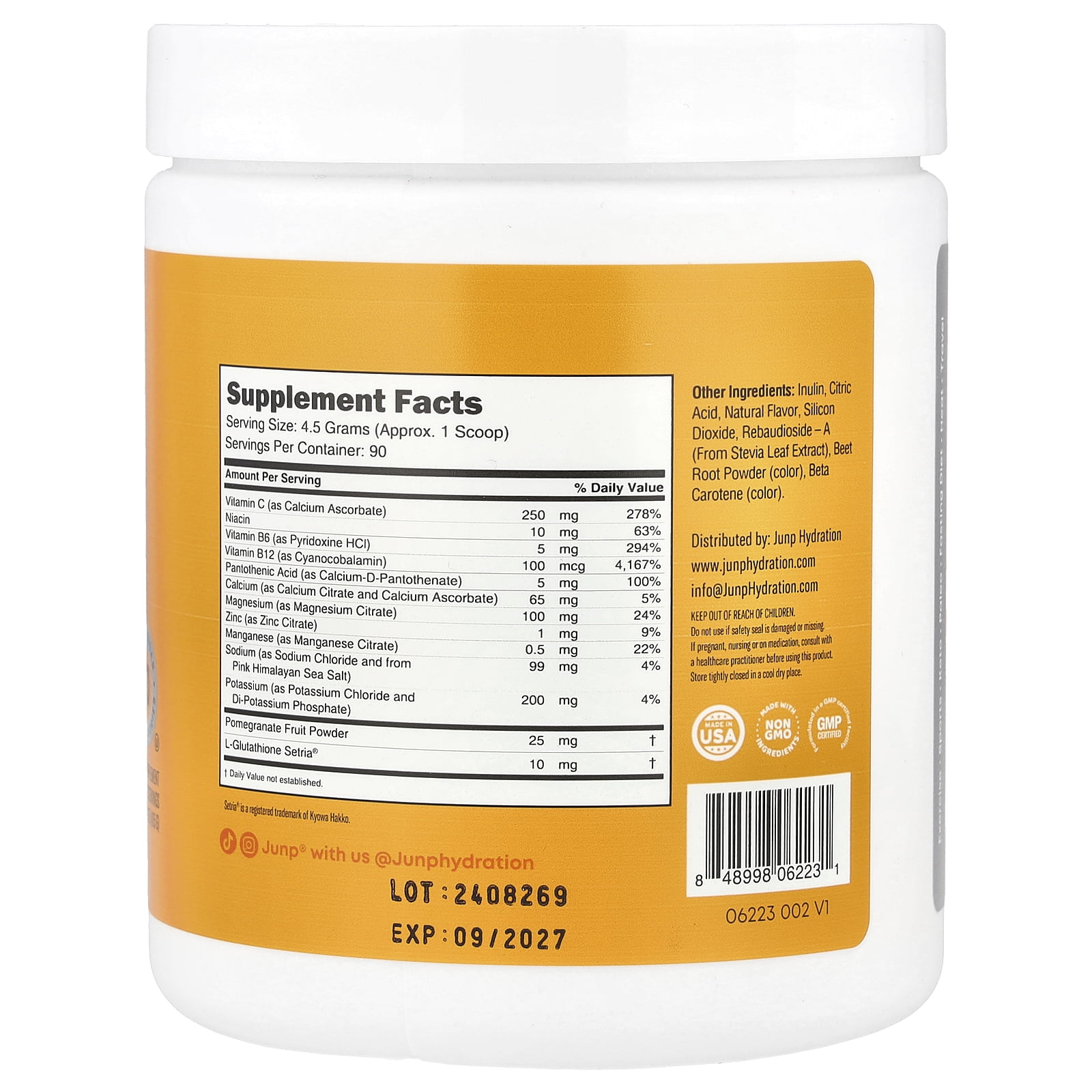 JUNP Hydration Electrolyte Powder Mix, Orange, 14.2 oz (405 g)