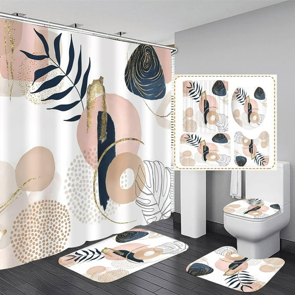 Abstract Mid Century Shower Curtain Set Floral Plant Neutral Bathroom Minimalist Art Decor Waterproof Bathtub with Carpet Bath Mat Toilet Rugs