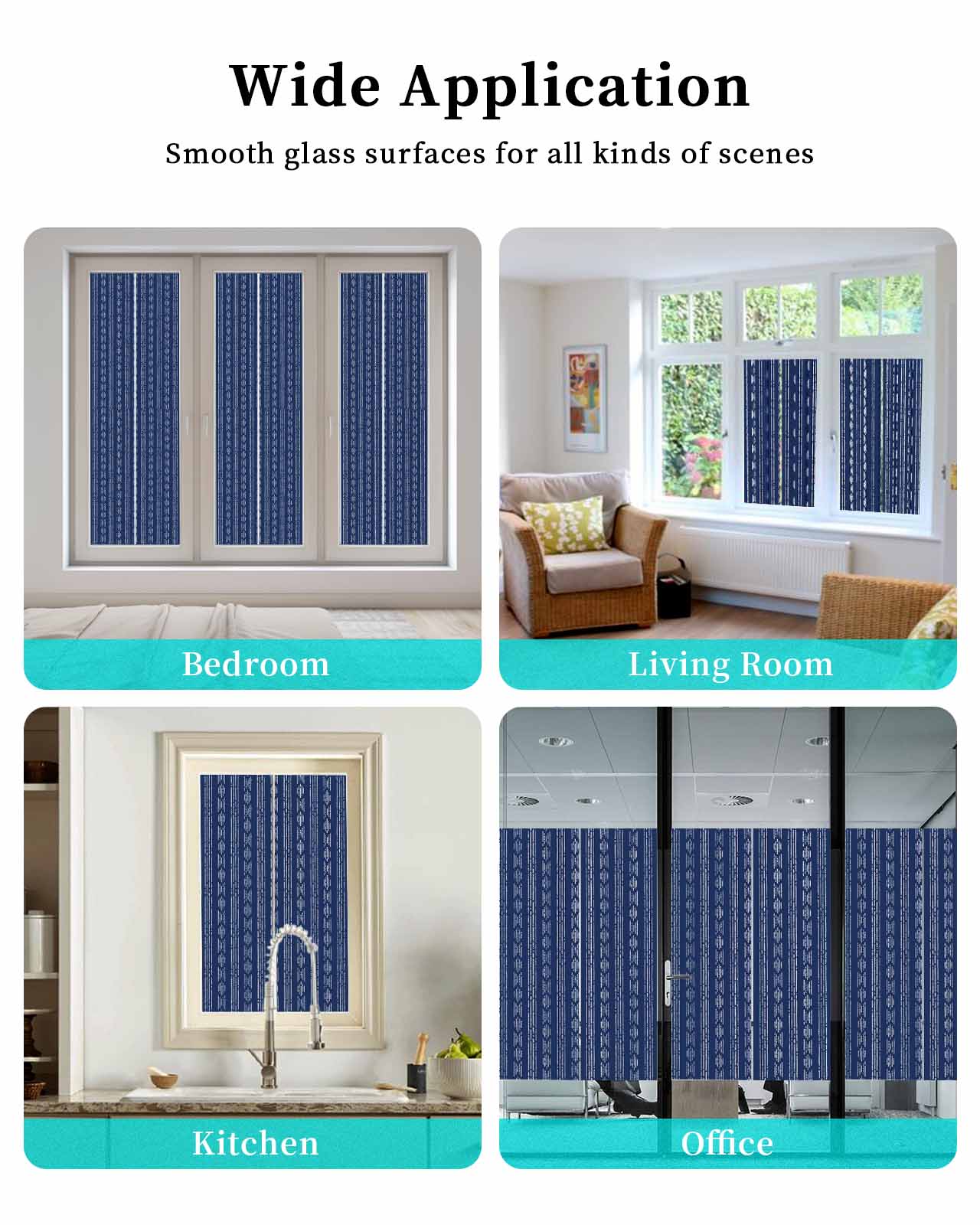 Window Privacy Film,Boho Navy Blue Stripes UV Sun Blocking Window Tint Film Heat Control One Way Blackout Window Film,Modern Bohemian Art Texture Non Adhesive Static Cling Window Sticker 29.5x118 In