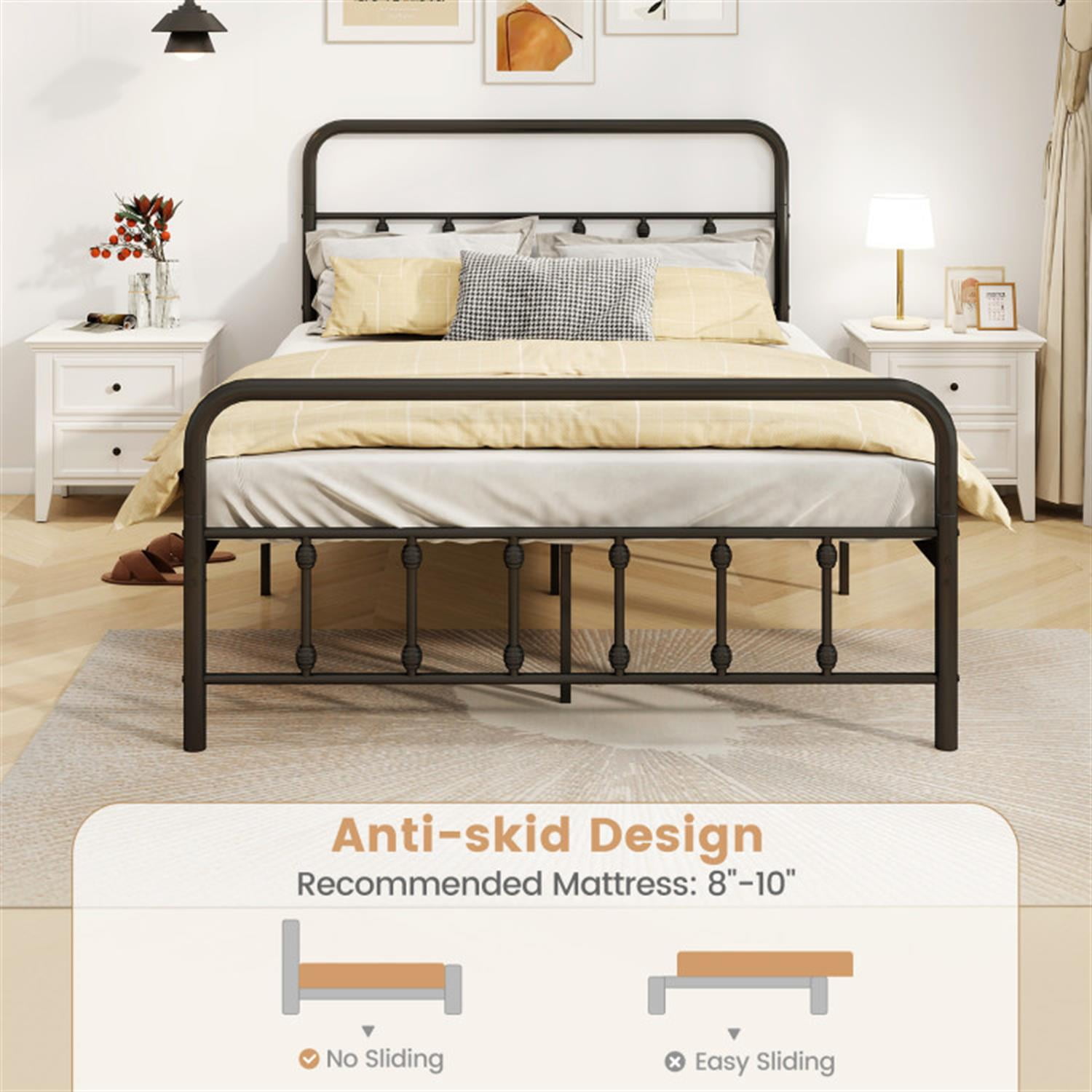 Demi Bonn Full Size Bed Frame with Headboard, Metal Platform Bed Frame with Under Bed Storage, No Box Spring Needed, Black