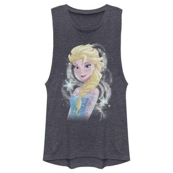 Junior's Frozen Elsa Sparkle Profile  Festival Muscle Graphic Tee Denim Blue Heather X Small