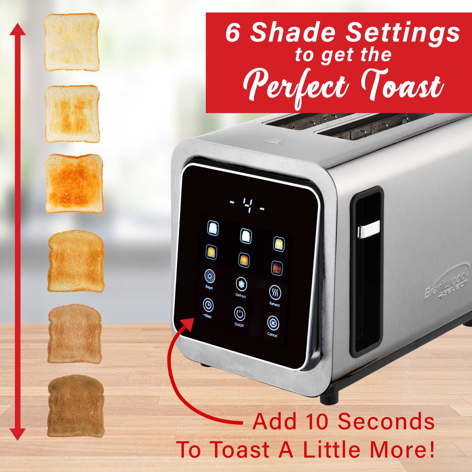 Brentwood 2-Slice 1,100-Watt Touch-Screen Digital Toaster with Extra-Wide Slots, Stainless Steel, TS-228DS