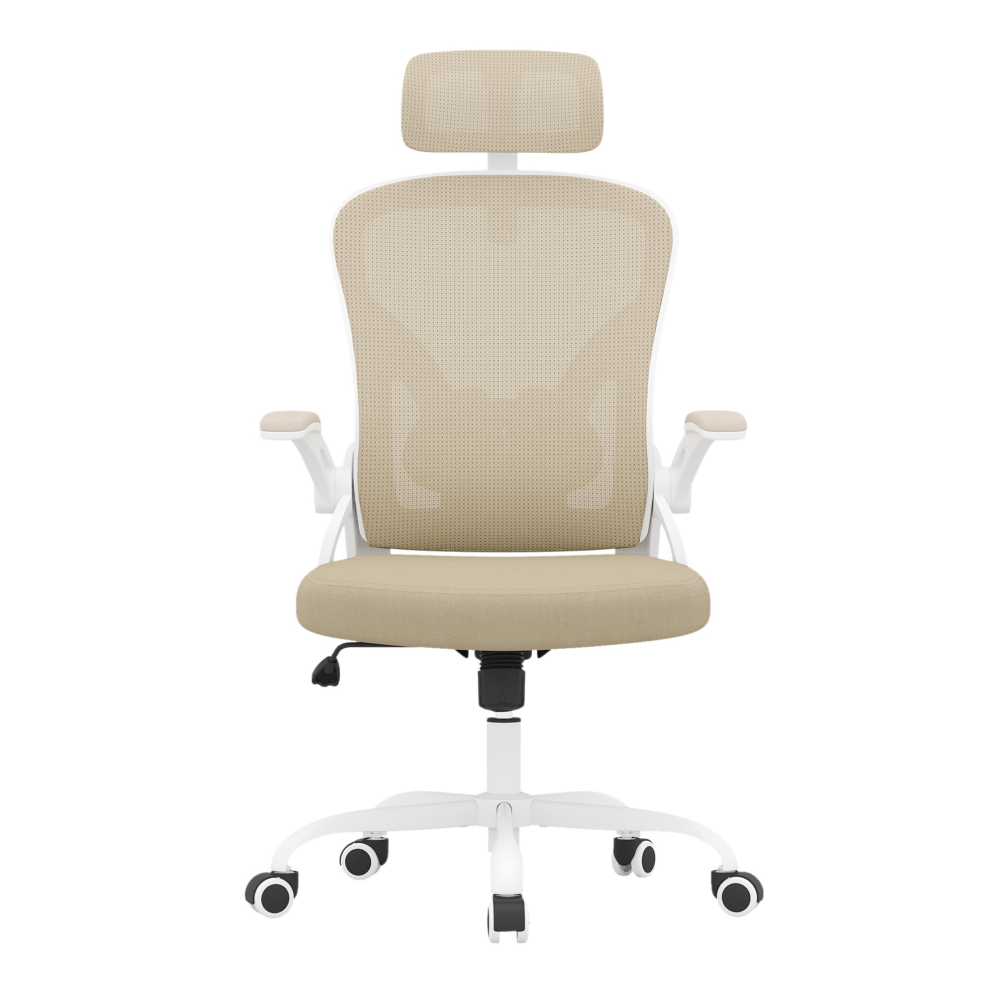 MAYEERTY Ergonomic Home Office Chair with Headrest, Flip-Up Armrests, Adjustable Lumbar Support, White-Khaki