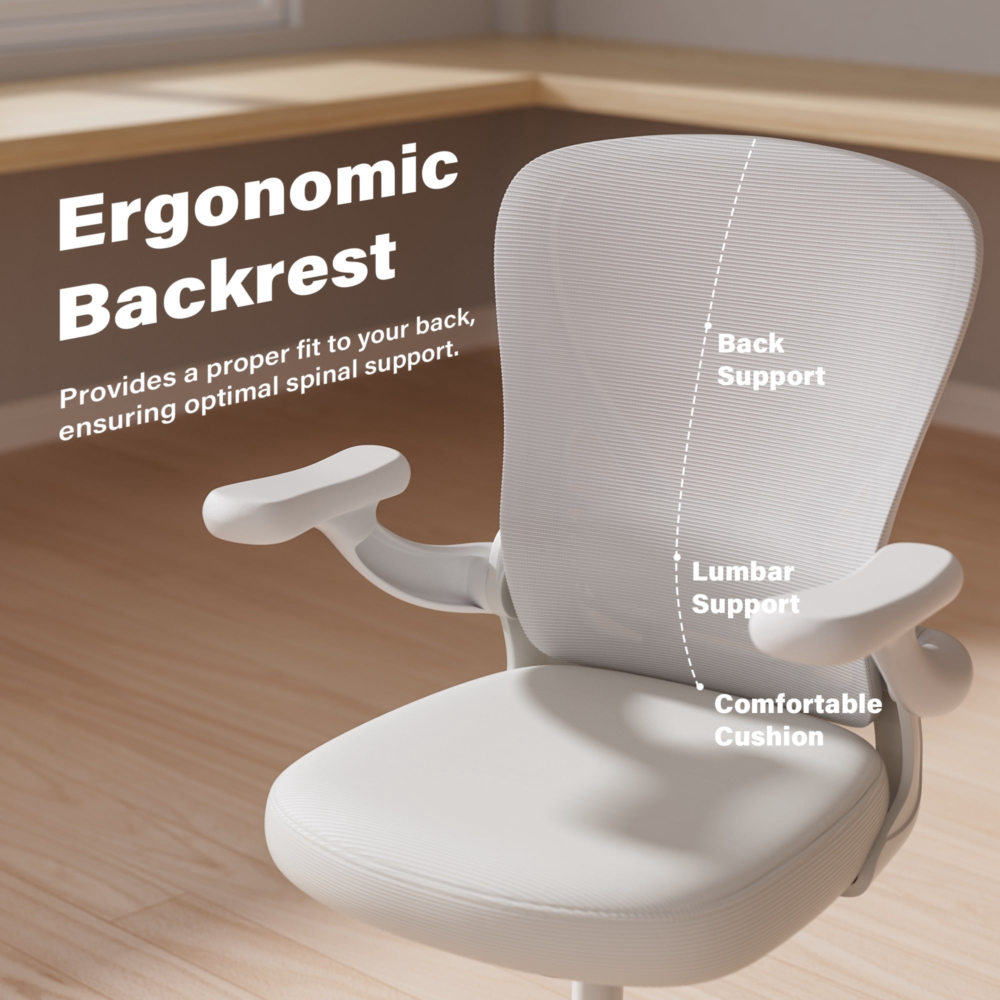 Ninecer Ergonomic Mesh Office Chair, Mesh Back Office Chair with Flip-up Arms, Swivel Computer Desk Chair with Lumbar Support for Adult, White