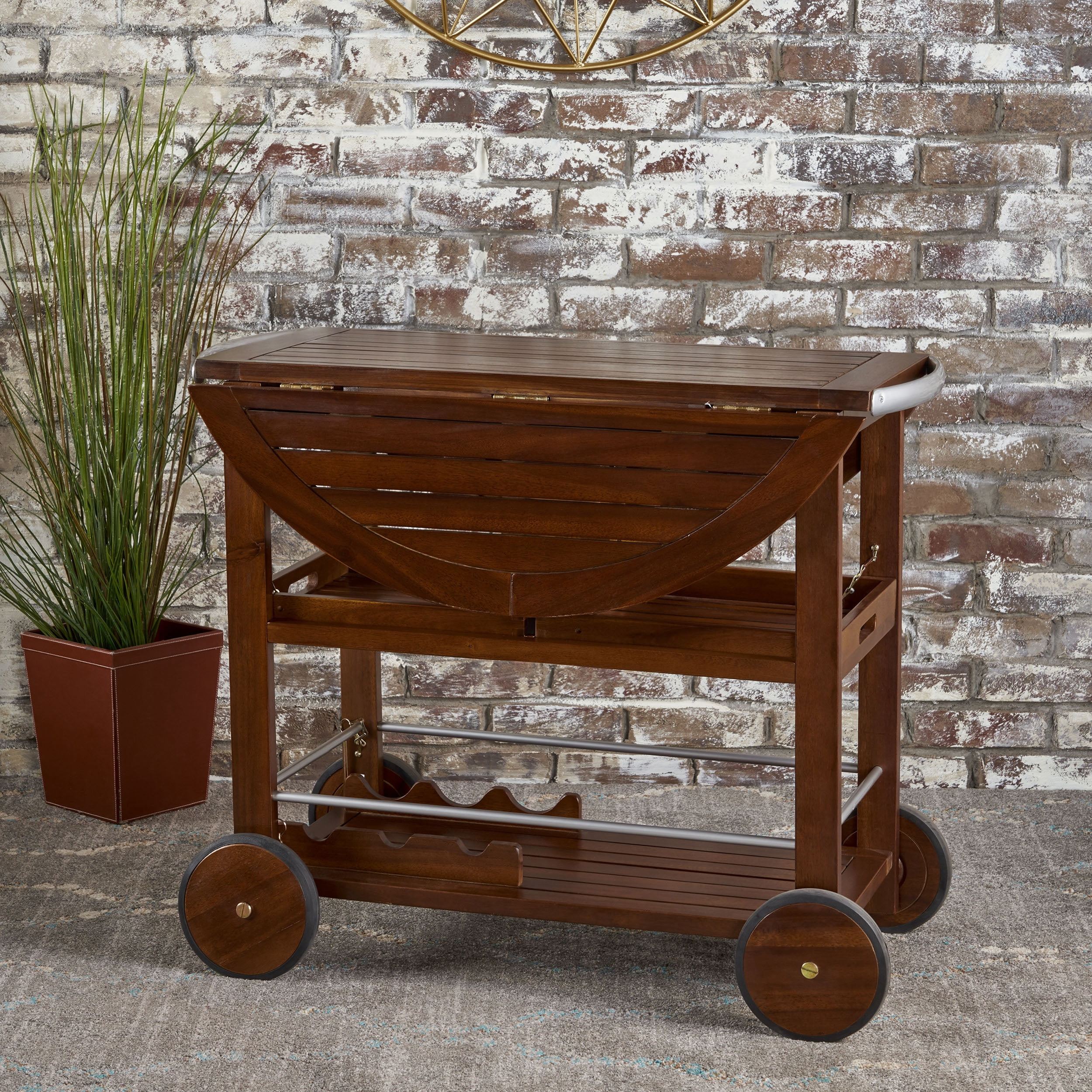 Euroco Outdoor Bar Cart with Drop Leaf Top, Removable Serving Trays, Bottle Storage, and Lockable Wheels, Weather-Resistant Wood and Aluminum Rolling Beverage Cart – Modern Industrial Style