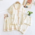 thumbnail image 2 of Wang6 Women's Cotton Pajamas Sets 3 Pieces Soft Long Sleeve Button Shirts Elastic Waist Shorts Wide Leg Pants Loose Fit Floral Printed Sleepwear Loungewear Pjs Sets Beige1 XL, 2 of 7