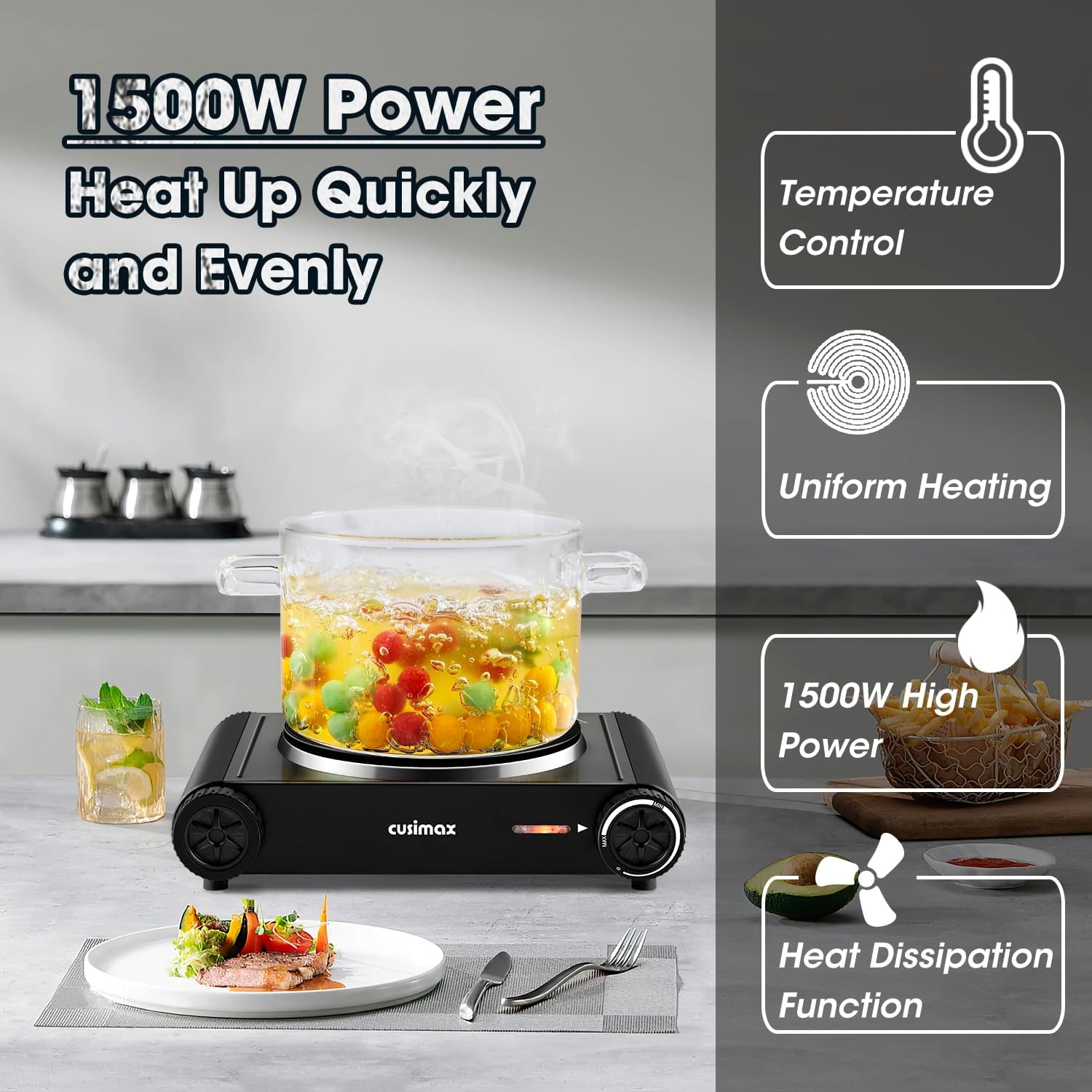 1500W Electric Portable Hot Plate with Temperature Controls, Compatible for All Cookwares