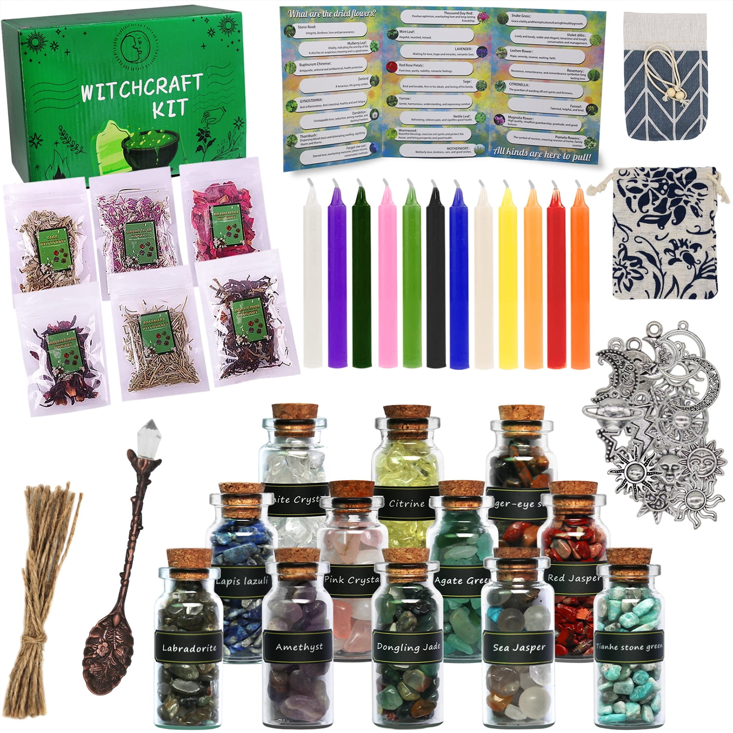 HXXF Witchcraft Supplies Kit 110 PCS, Beginner Witchcraft Kit for Altar Supplies,Wiccan Supplies and Tools- Crystal Jars, Dried Herbs, Colored Candles, Spiritual Items for Witch Spells Altar Decor