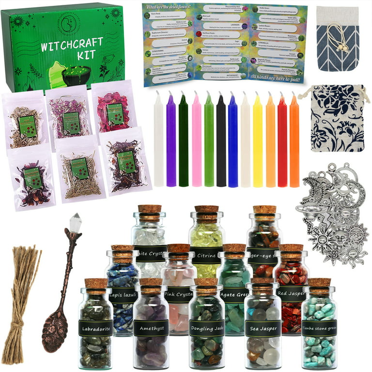 Witchcraft Supplies Kit for Witch Altar 54PCS - Spell Candles  Witches Crystals Jars Herbs Spells Beginner Box Starter : Home & Kitchen