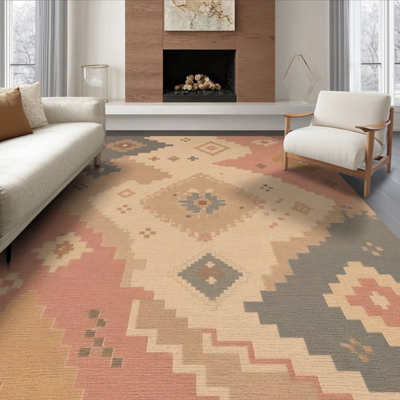 ODIKA 8'x10' Washable Area Rug Muted Earth Tones Geometric Design Intricate Symmetrical with Bold Shapes for Dining Room, Large Office, Lounge, Non-Slip Chair-Friendly Mat