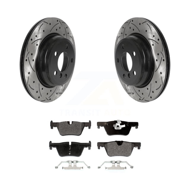 Transit Auto Rear Coated Drilled Slotted Disc Brake Rotors and Semi-Metallic Pads Kit for Car 2015 BMW 328i xDrive Without Blue Painted Calipers with M Sport Package KDF-100920