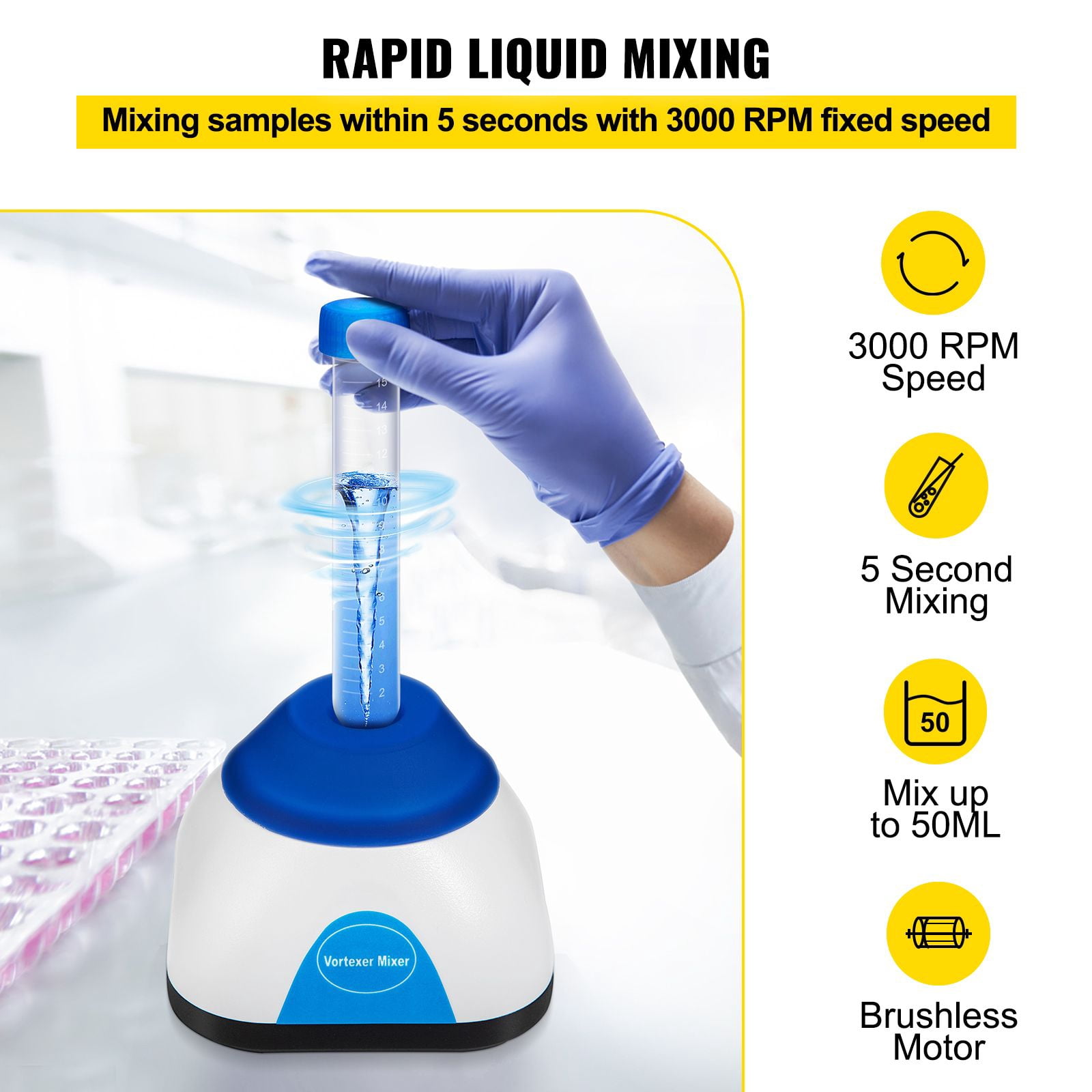 Vortex Mixer 3000 RPM Fixed Speed, 50mL Capacity 6mm Orbit, Brushless DC Motor Powerful Lab Vortex Shaker for Test Tube Sample Mixing