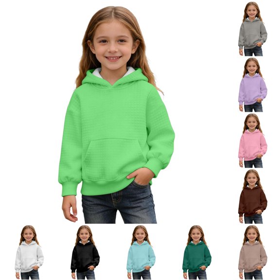 Playtopia Youth Solid Color Drawstring Waffle Knit Pullover Hoodie 320g Polyester Kangaroo Pocket Unisex Long Sleeve Daily Casual Sweatshirt 1PC Kids Sizes 100-160