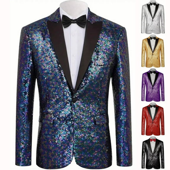 FRSASU Men's One Button Sequin Dress Suit Jacket Party Festival Sport Lapel Coat- formal & Semi - formal Prom Silver