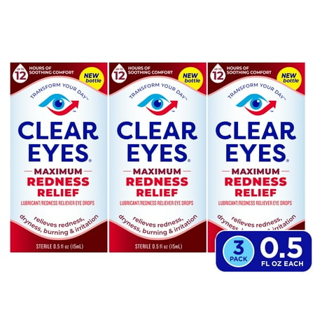 Clear Eyes Maximum Redness Eye Relief Lubricant Eye Drops, 0.5 fl oz, Pack of 3
