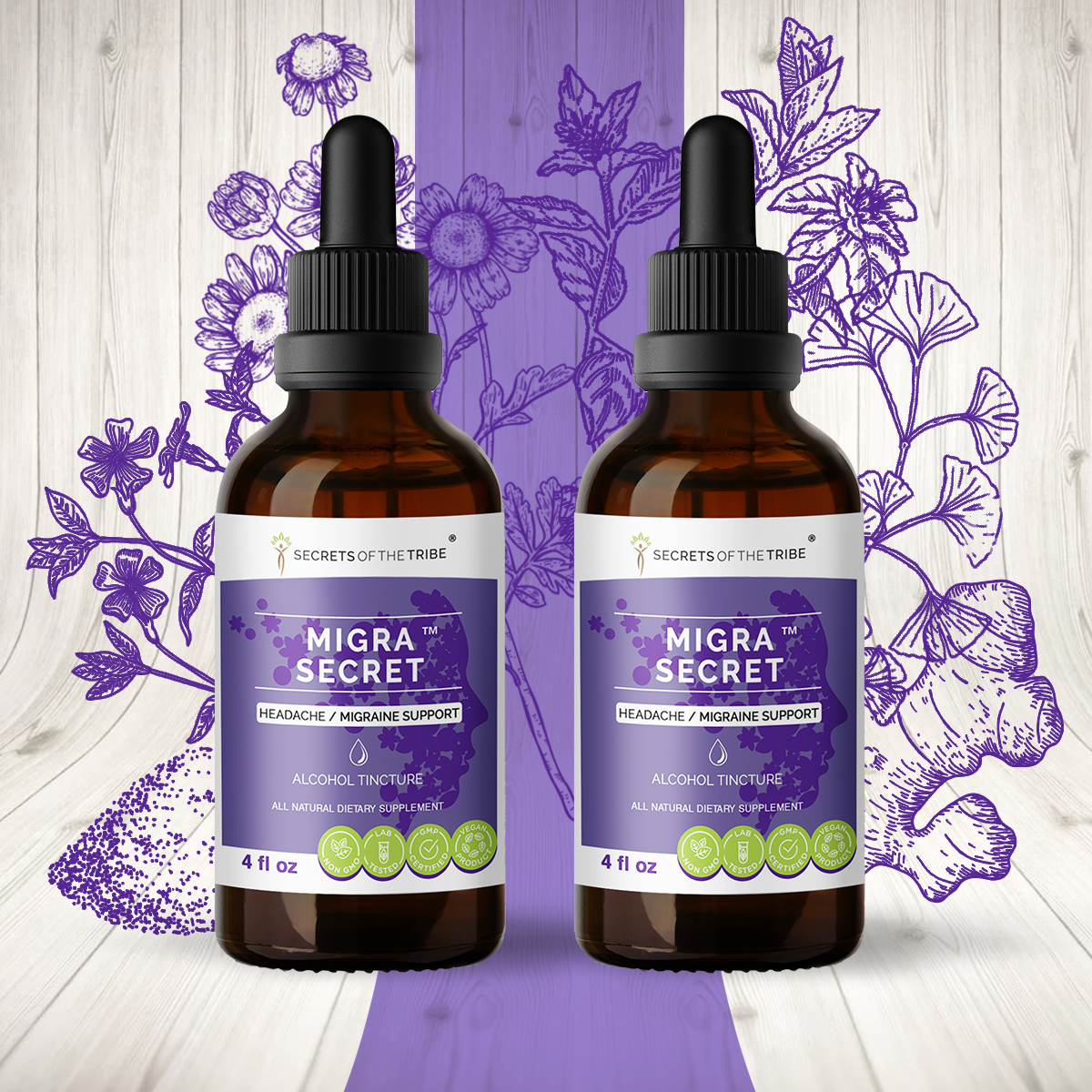 Migra Secret Alcohol Extract, Tincture, Feverfew, Ginger, White willow bark, Periwinkle, Ginkgo