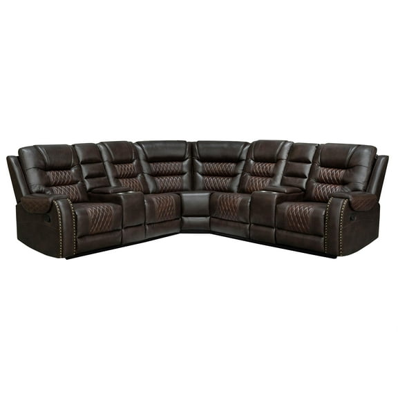 Hybition Manual Recliner Sectional Sofa Set PU Leather L-Shaped Couch Brown