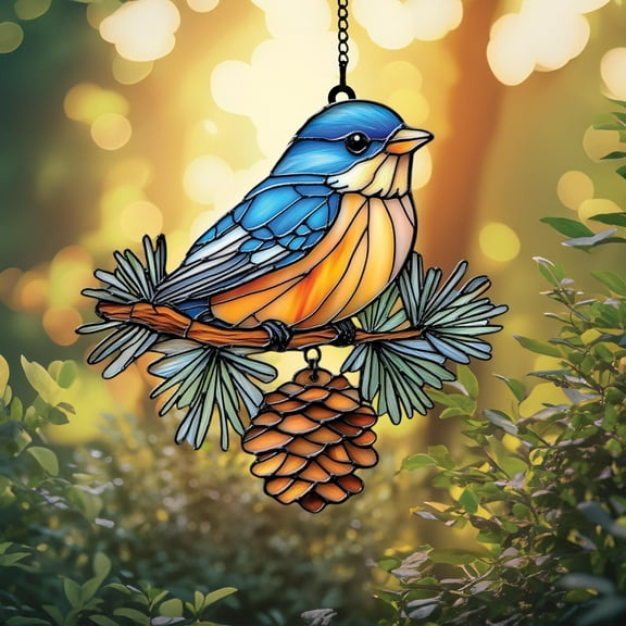 Bluebird with Pinecone Acrylic Suncatcher, Faux Stained Glass Winter Pinecone and Bird Window Hanging, Gift for Bird Lover Bird Watcher