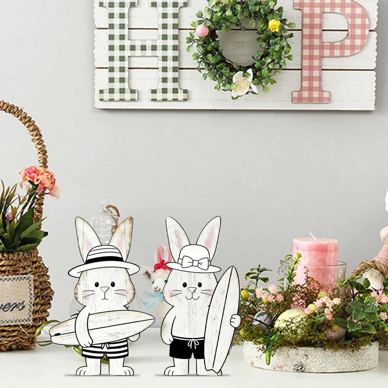 ERTZAE Wooden Bunny Decor,Farmhouse Bunny Decor,Rabbit Figurines Bunny Table Centerpiece,Bunny Home Decor,Set of 2 Wooden Easter Bunny Figures 7Inch,Whimsical Couple Ornaments for Table Centerpiece