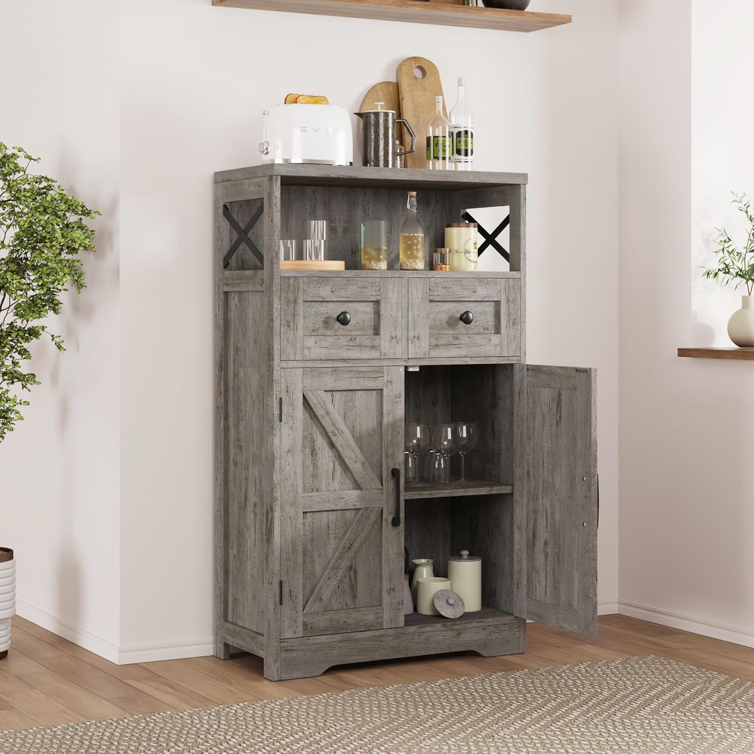Farmhouse Storage Cabinet with Drawers and Adjustable Shelves, Freestanding Kitchen Pantry Storage Cabinet, Floor Storage Cupboard for Dining Living Room Home Office, Washed Grey