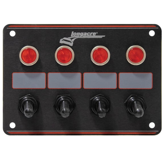 Longacre® 52-44865 4 Switch Accessory Panel with 4 Pilot Lights, 40-amp, 12 Volt, Waterproof Ignition Switch Covers, Pre-Wired for Easy Installation