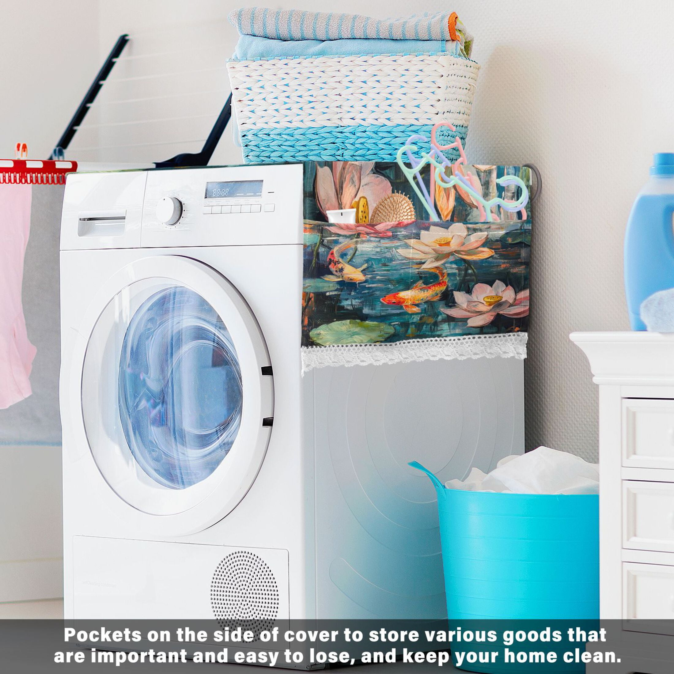 Goldfish in The Lotus PondWasher and Dryer Covers Dust-Proof and Oil Resistant Fridge Cover with 4 Storage Pockets Washing Machine Top Cover for Laundry Kitchen Home 51.2 x 22 In