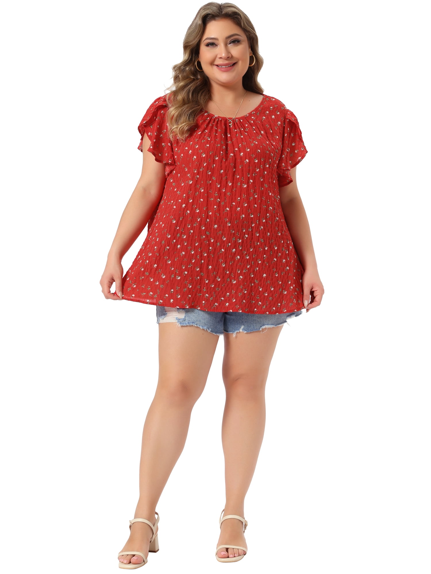 DARING DIVA Women's Plus Tops Floral Crew Neck Pleated Front Tulip Sleeve Blouse 4X Red