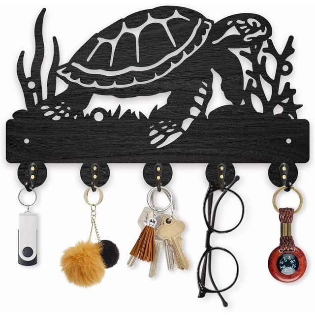Ganchos para abrigos de tortuga marina de coral de 11,8 × 7 pulgadas, de madera, para colgar llaves de animales marinos, para pared, decoración de pared, 5 ganchos de aleación.