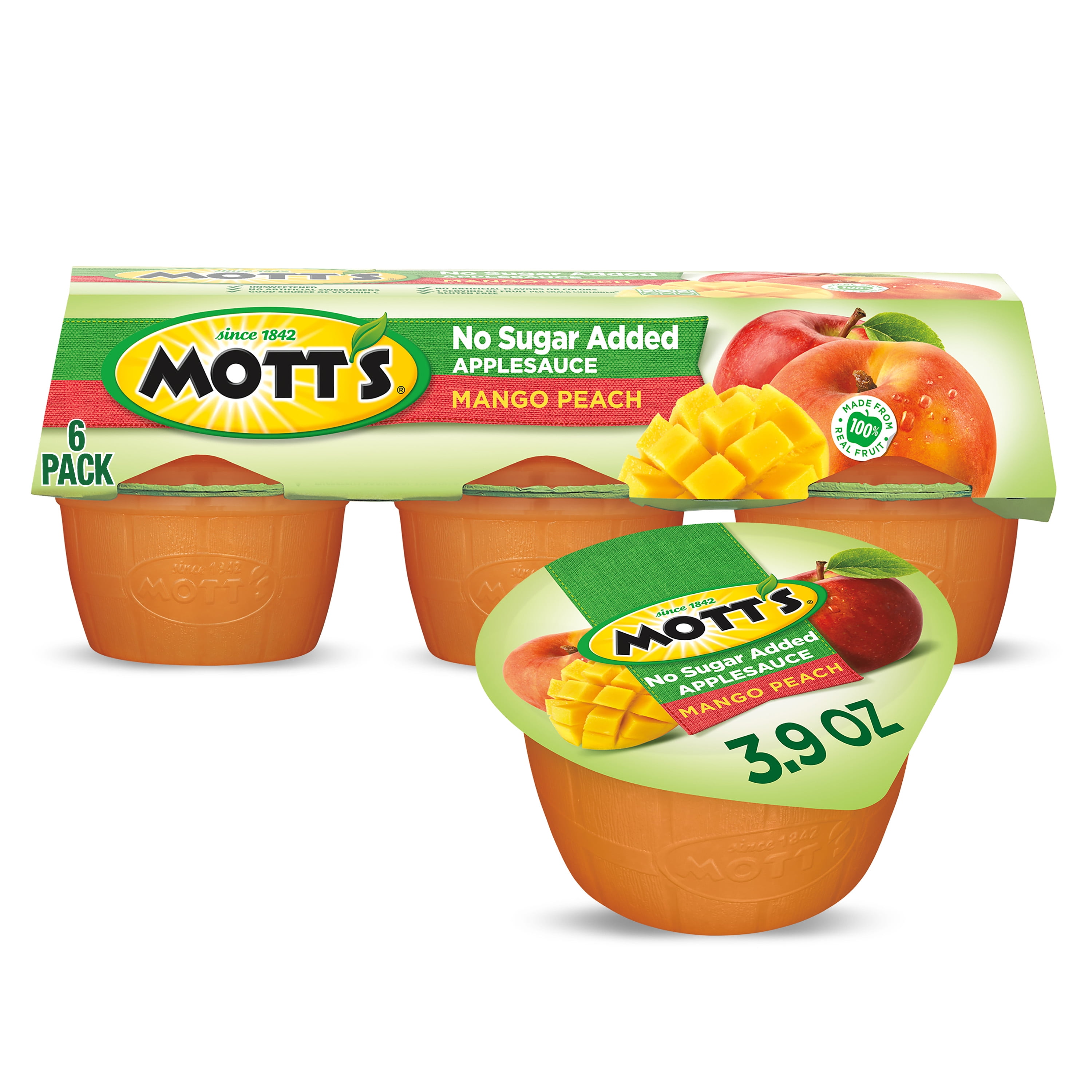 (6 Pack) Mott's No Sugar Added Mango Peach Applesauce Cups, 3.9 oz