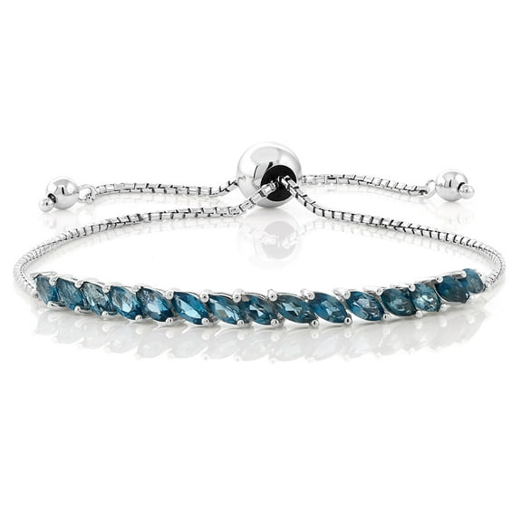 Gem Stone King 1.50 Cttw London Blue Topaz Tennis Bracelet for Women | 925 Sterling Silver | Gemstone Birthstone | Adjustable Bolo Bracelet for Women | Easy-On Easy-Off