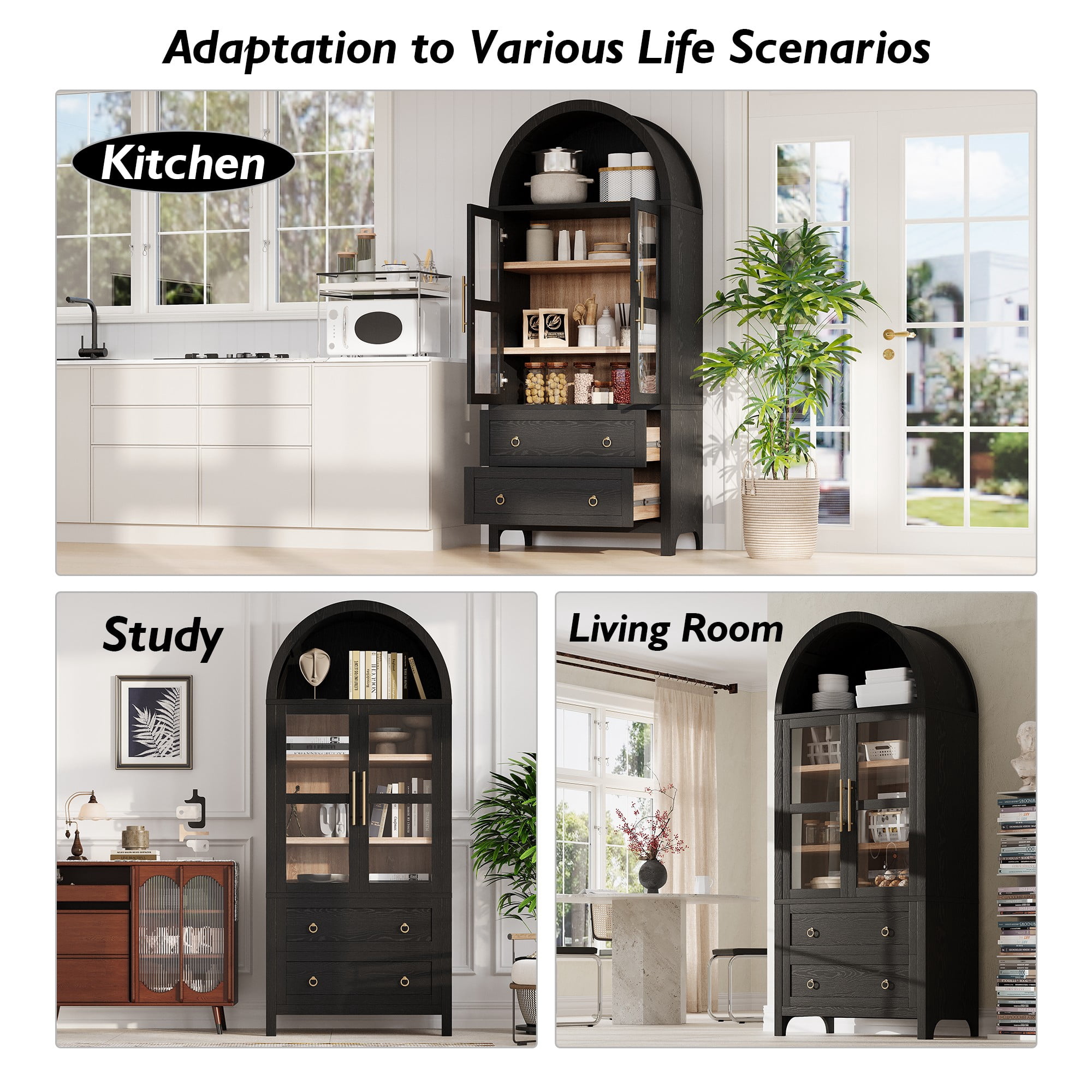 DEALTOPS Freestanding 71" Kitchen Pantry Cabinet with Arched Top, Adjustable Shelves and 2 Large Drawers, Black