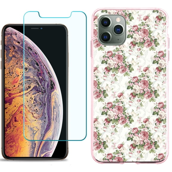For Apple iPhone 11 PRO Case, Slim-Fit TPU Protective Phone Case (Pink Bezel) with Tempered Glass Screen Protector, by OneToughShield ® - Floral/Rose