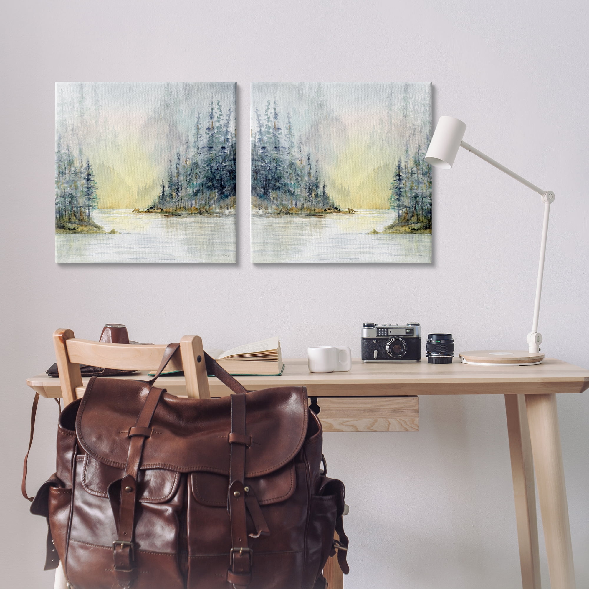 Stupell Industries Distant Deer Bear Pine Trees Landscape & Nature Painting Wrapped Canvas Art Print Wall Art, 24 x 24, Set of 2