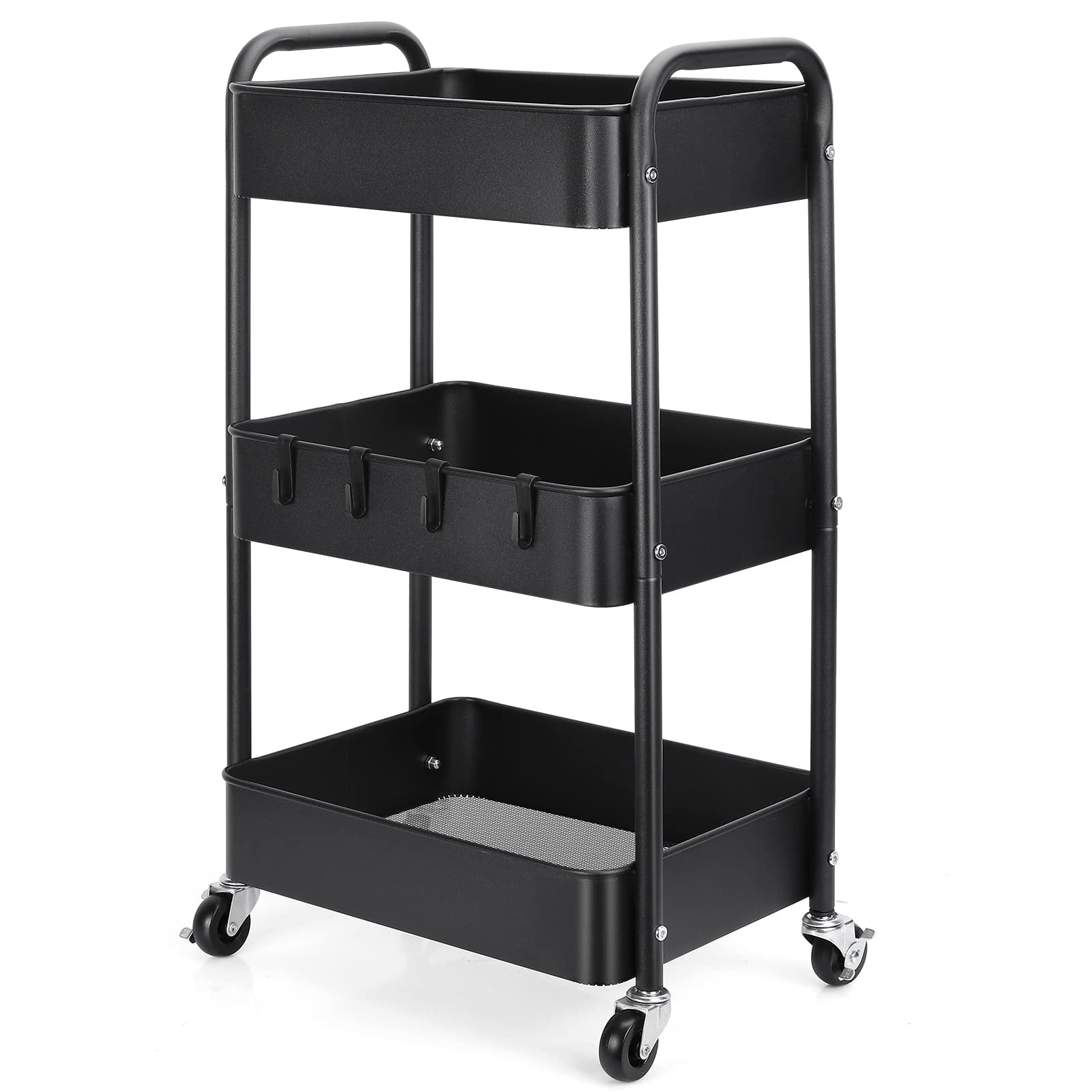 Bedroom Easy Assembly Organizer Storage Cart for Bathroom Kitchen Metal Trolley Cart with Wheels Hooks Office Black LEHOM 3 Tier Rolling Utility Cart 