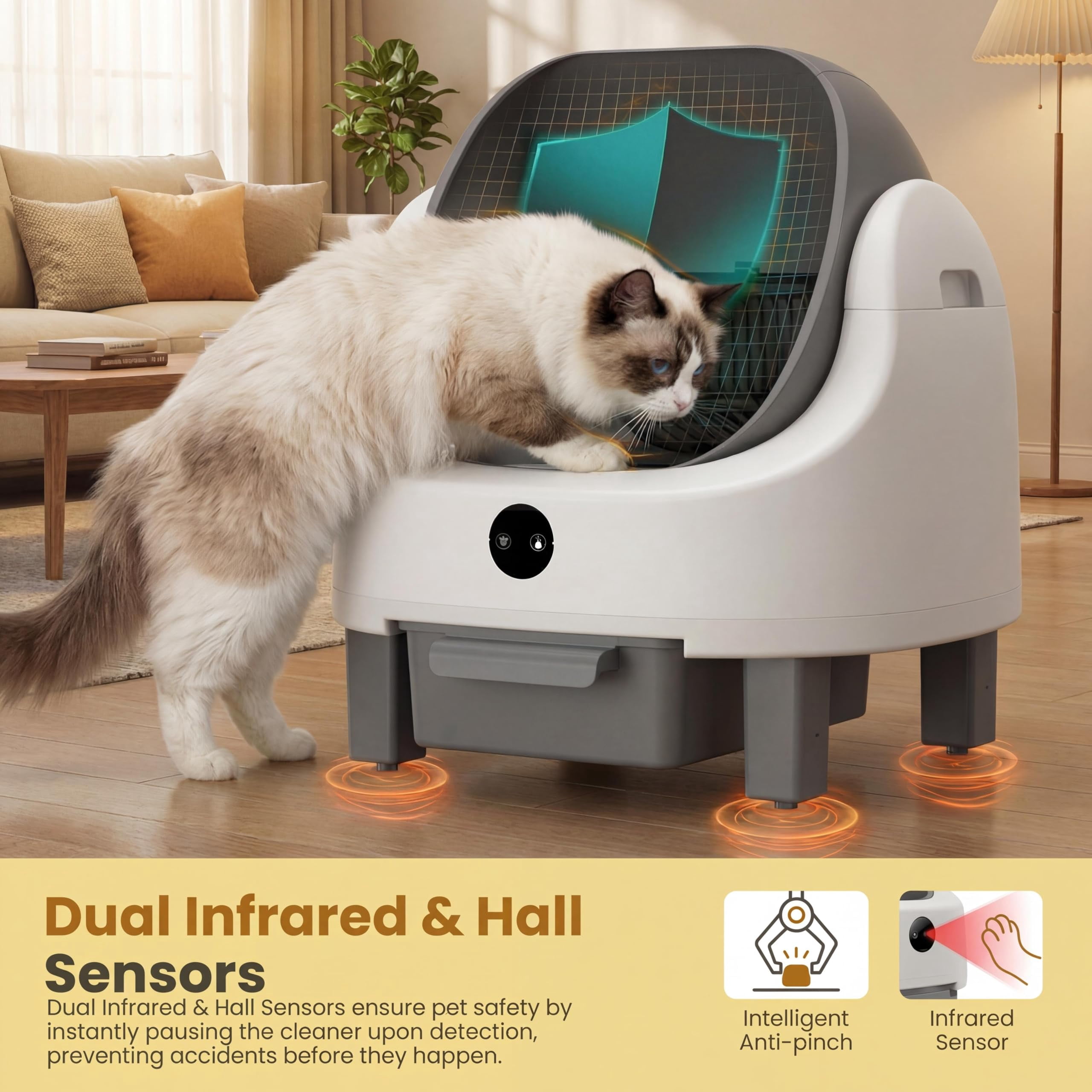 9L Self Cleaning Litter Box, Automatic Litter Box for Multiple Cats with Open-Top Design, APP Control, Real-Time Monitoring, Odor Control, 96L Drum, Waste Bin, Infrared Safety Sensors