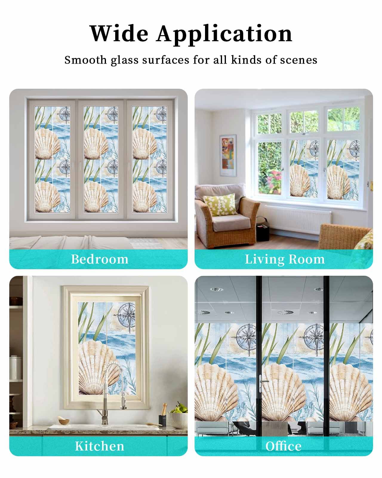 Window Privacy Film Summer Ocean Stained Glass Window Film Decorative Sun Block Window Cover Nautical Sea Shell Coral Wave Window Clings Static Adhesive Sticker for Bathroom 23.6"x59"